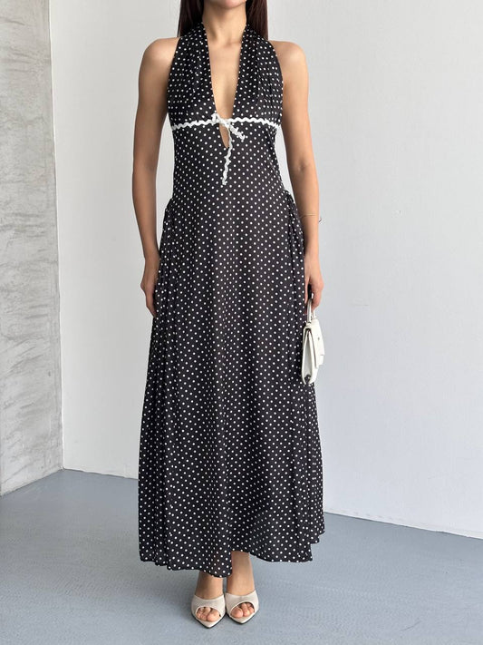 Puantiyeli Halter Yaka Uzun Elbise