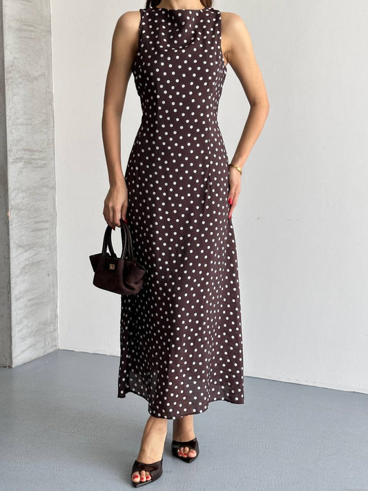 Puantiyeli Halter Yaka Maxi Elbise