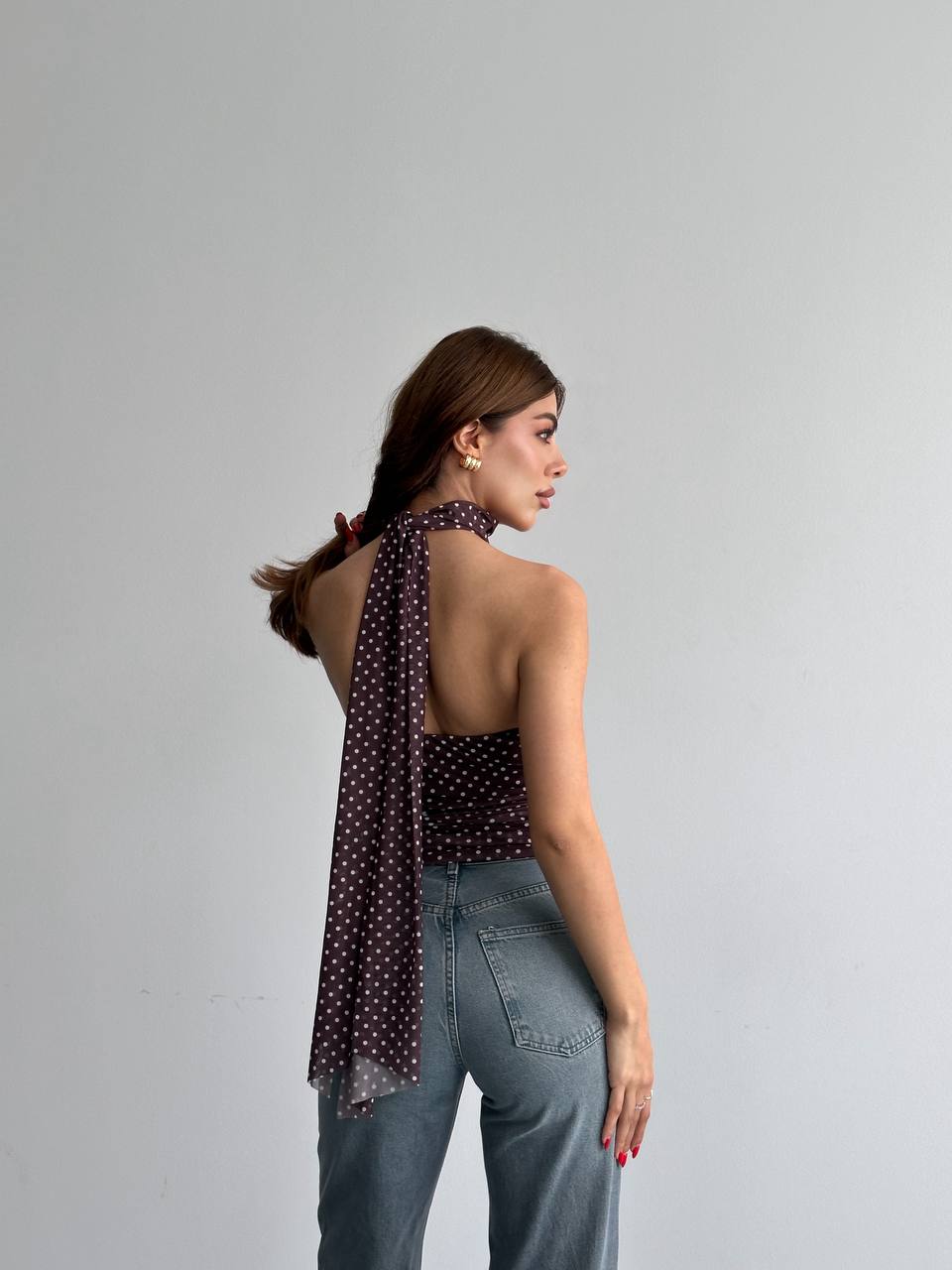 Puantiyeli Halter Yaka Bağlama Detaylı Bluz