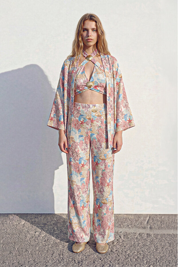 Çiçek Desenli Kısa Kimono Pembe