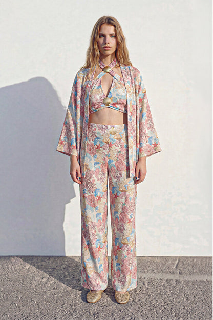 Çiçek Desenli Kısa Kimono Pembe