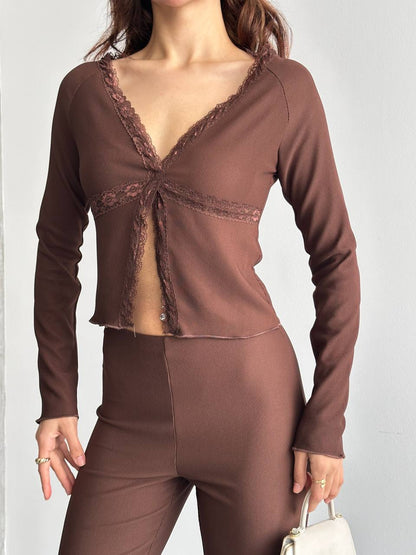 Dantel Detaylı Bluz & Pantolon Takım