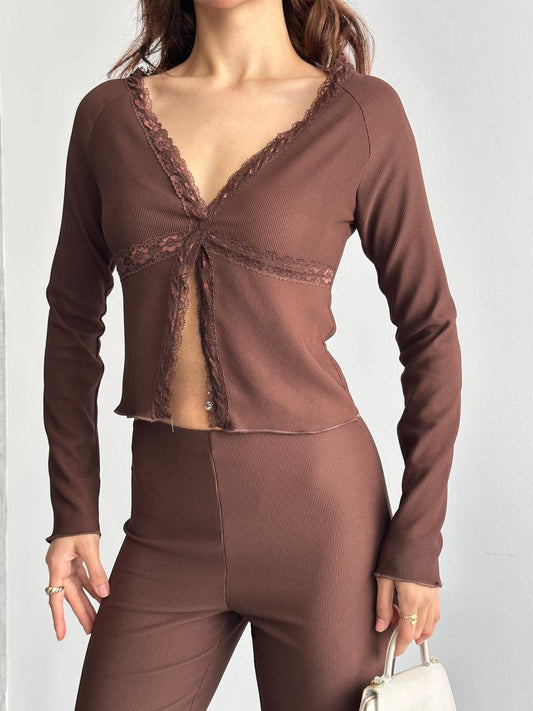 Dantel Detaylı Bluz & Pantolon Takım
