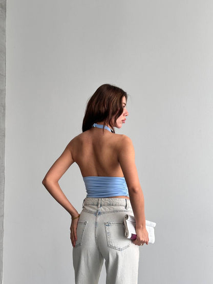 Sırt Dekolteli Halter Yaka Drapeli Crop Bluz
