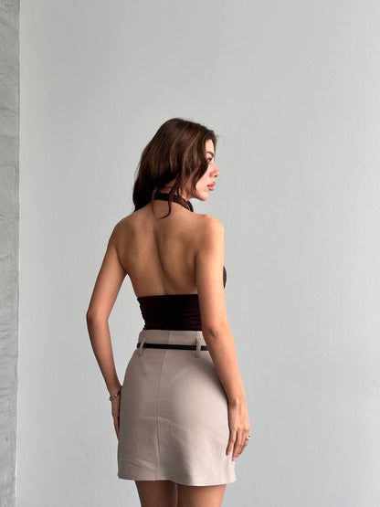 Sırt Dekolteli Halter Yaka Drapeli Crop Bluz