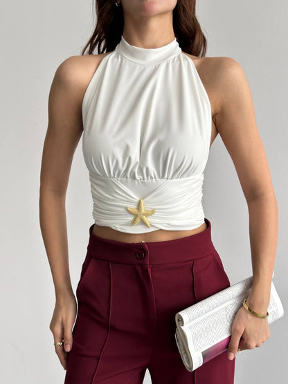 Sırt Dekolteli Halter Yaka Drapeli Crop Bluz