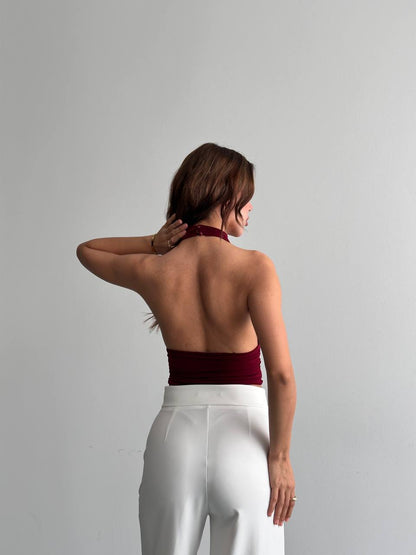 Sırt Dekolteli Halter Yaka Drapeli Crop Bluz