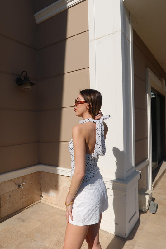 Puantiyeli Halter Yaka Bağlama Detaylı Bluz