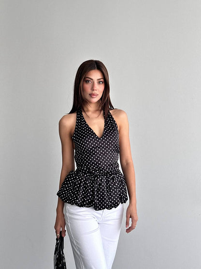 Halter Yaka Puantiyeli Volan Detaylı Bluz