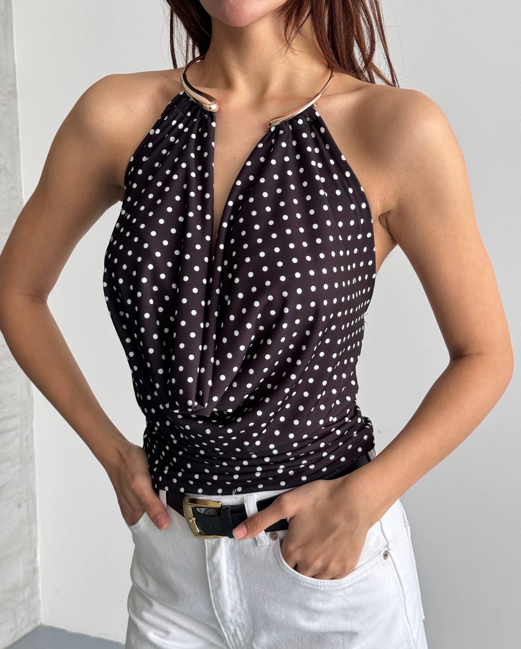 Halter Yaka Puantiyeli Drapeli Bluz