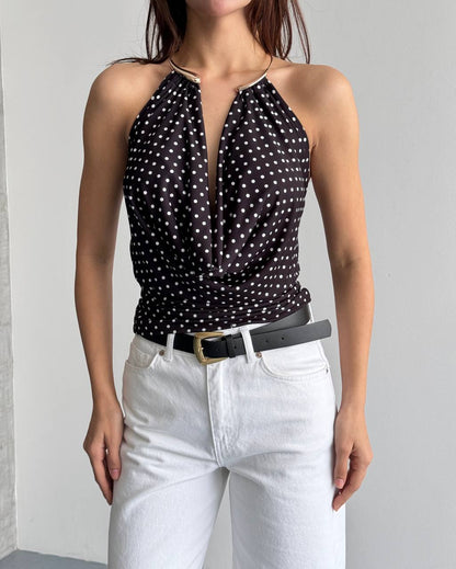 Halter Yaka Puantiyeli Drapeli Bluz