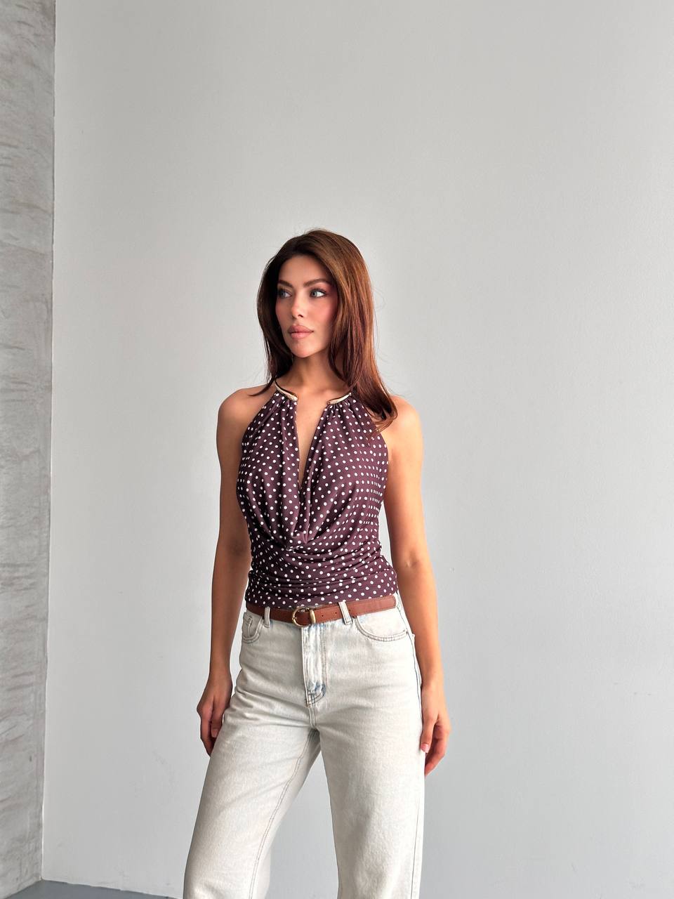 Halter Yaka Puantiyeli Drapeli Bluz