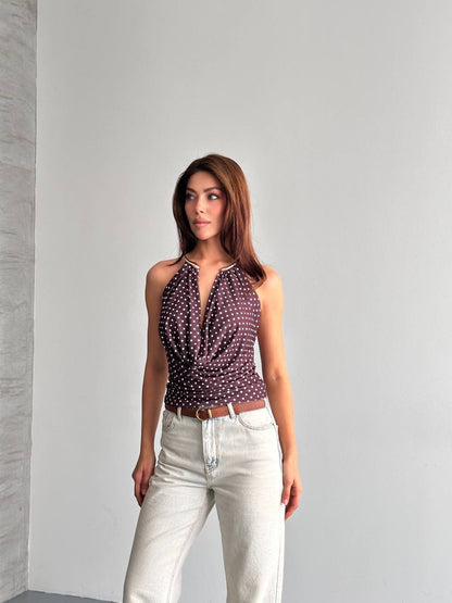 Halter Yaka Puantiyeli Drapeli Bluz