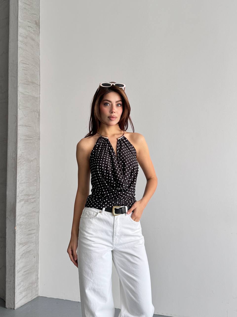 Halter Yaka Puantiyeli Drapeli Bluz