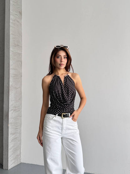 Halter Yaka Puantiyeli Drapeli Bluz