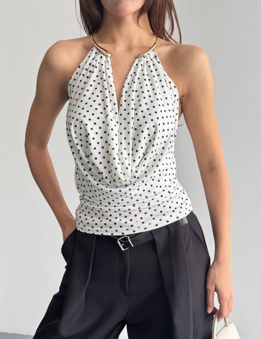Halter Yaka Puantiyeli Drapeli Bluz