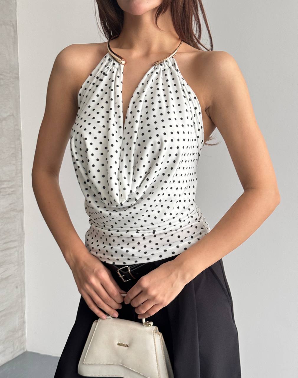 Halter Yaka Puantiyeli Drapeli Bluz