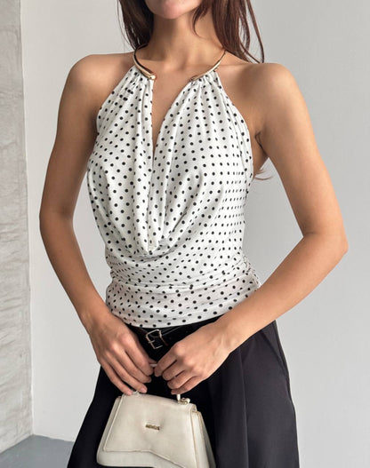 Halter Yaka Puantiyeli Drapeli Bluz