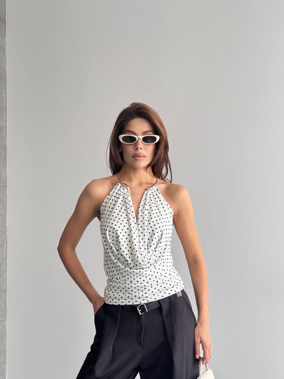 Halter Yaka Puantiyeli Drapeli Bluz