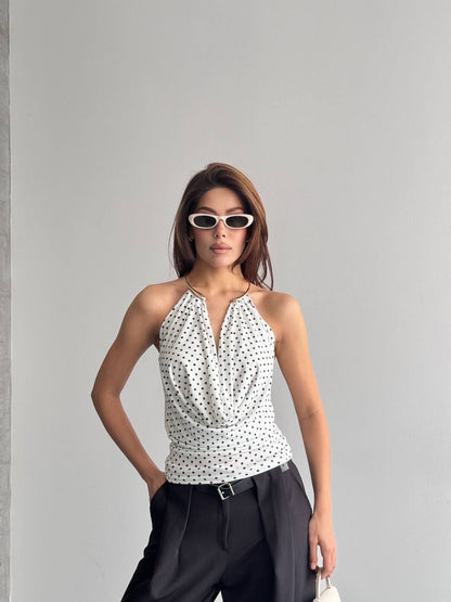 Halter Yaka Puantiyeli Drapeli Bluz