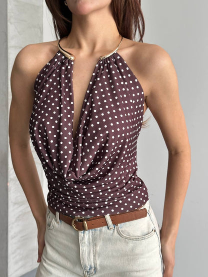 Halter Yaka Puantiyeli Drapeli Bluz