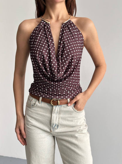 Halter Yaka Puantiyeli Drapeli Bluz