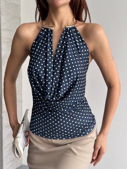 Halter Yaka Puantiyeli Drapeli Bluz