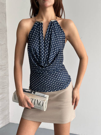 Halter Yaka Puantiyeli Drapeli Bluz