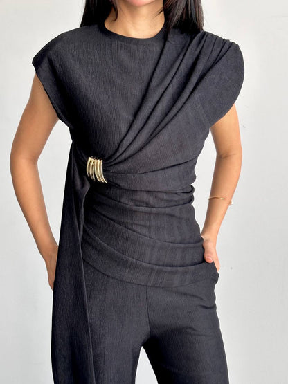 Drapeli Toka Detaylı Bluz Pantolon Takım