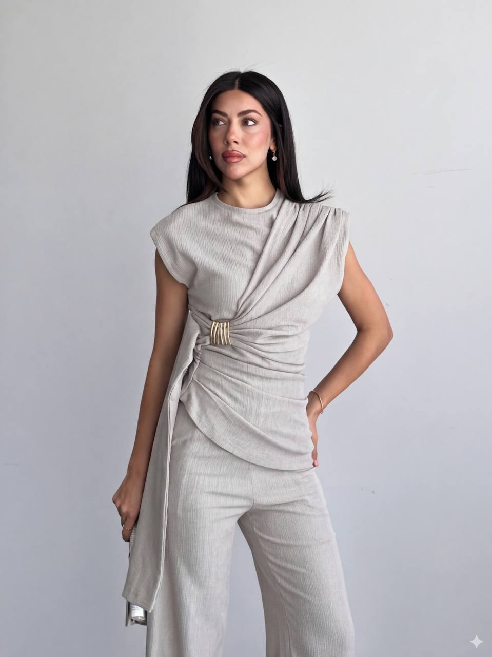 Drapeli Toka Detaylı Bluz Pantolon Takım