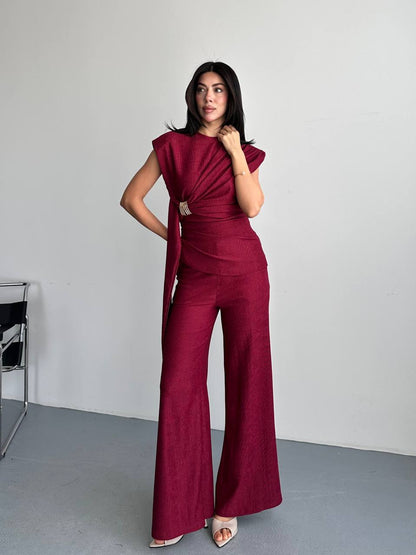 Drapeli Toka Detaylı Bluz Pantolon Takım