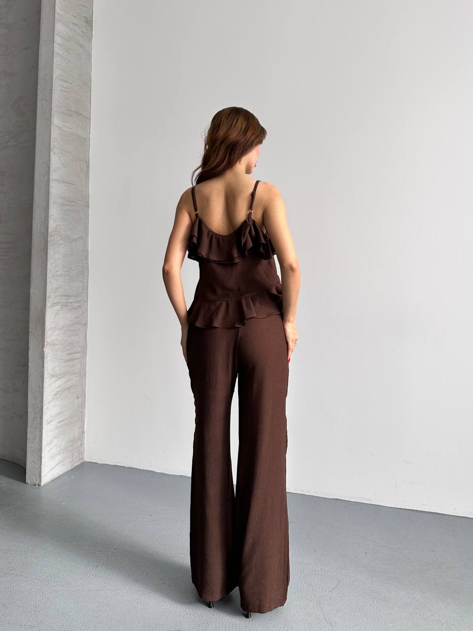 Fırfır Detaylı Askılı Bluz Pantolon Takım