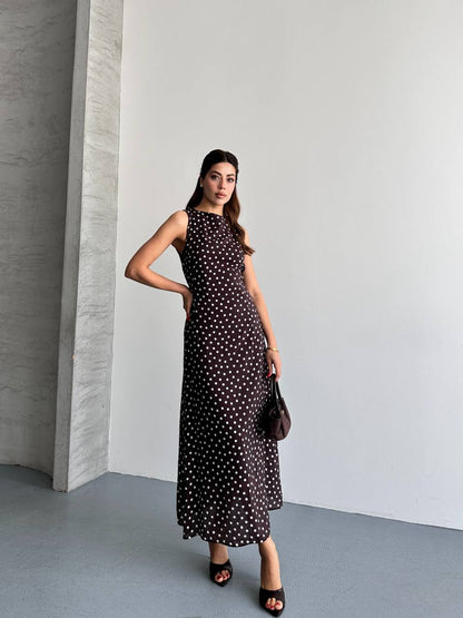 Puantiyeli Halter Yaka Maxi Elbise