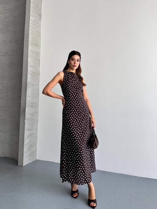 Puantiyeli Halter Yaka Maxi Elbise
