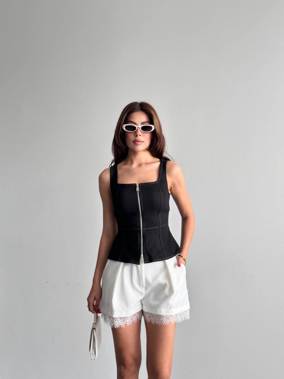 Fermuar Detaylı Jean Korse Bluz