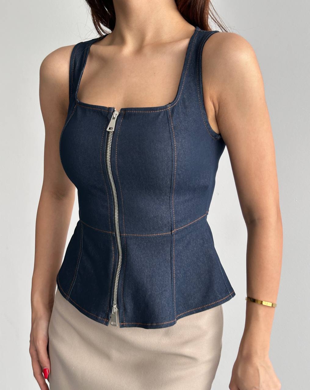 Fermuar Detaylı Jean Korse Bluz