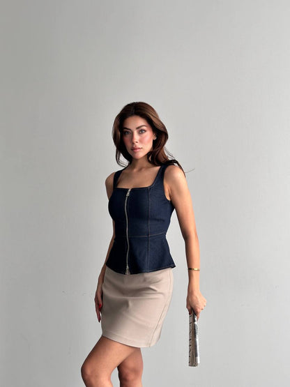 Fermuar Detaylı Jean Korse Bluz