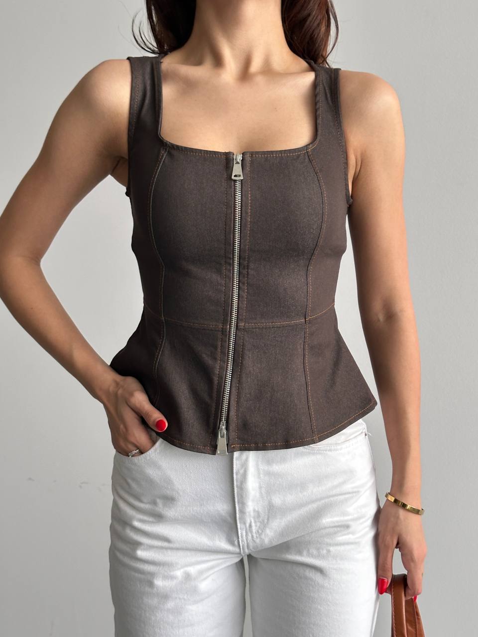 Fermuar Detaylı Jean Korse Bluz