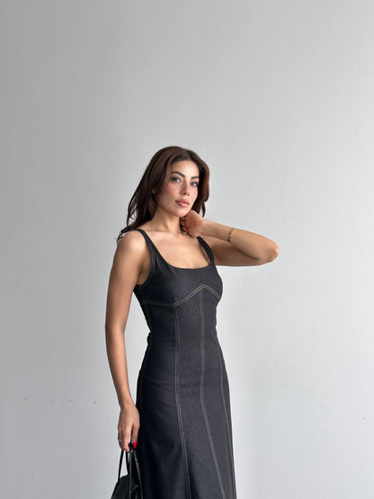 Askılı Jean Maxi Elbise