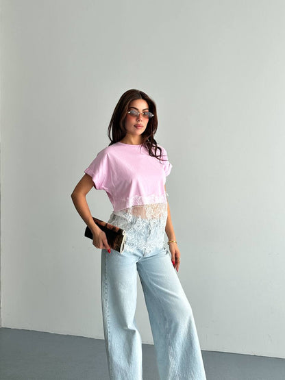 Dantel Detaylı Basic T-Shirt