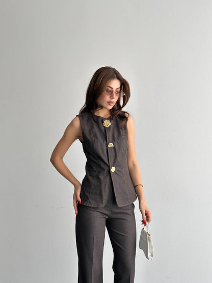 Düğme Detaylı Bluz Pantolon Takım