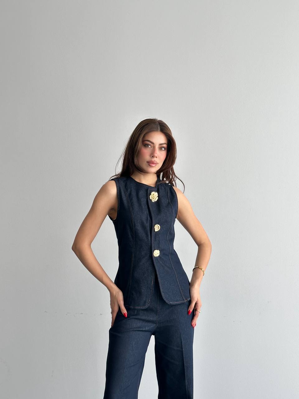 Düğme Detaylı Bluz Pantolon Takım