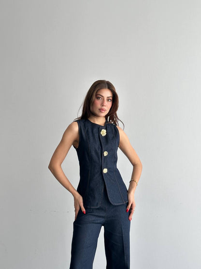 Düğme Detaylı Bluz Pantolon Takım