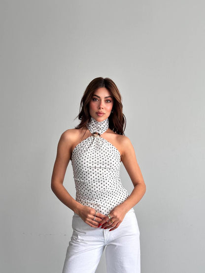 Puantiyeli Halter Yaka Bağlama Detaylı Bluz