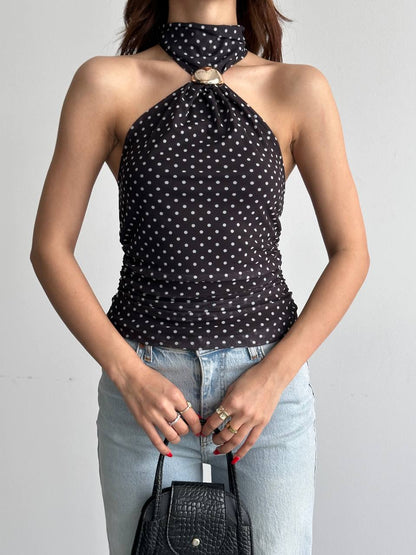 Puantiyeli Halter Yaka Bağlama Detaylı Bluz