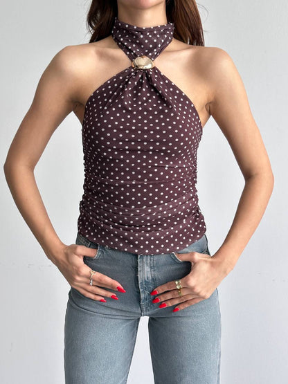 Puantiyeli Halter Yaka Bağlama Detaylı Bluz