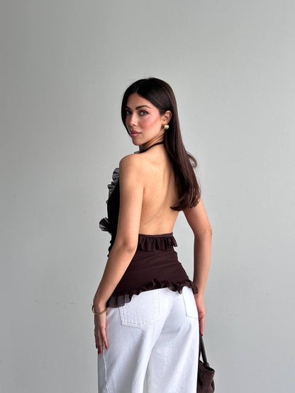 Fırfır Detaylı Halter Yaka Bluz