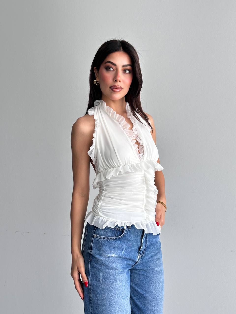 Fırfır Detaylı Halter Yaka Bluz