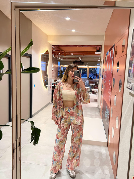 Çiçek Desenli Kısa Kimono Pembe