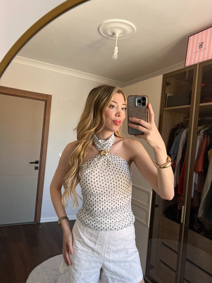 Puantiyeli Halter Yaka Bağlama Detaylı Bluz